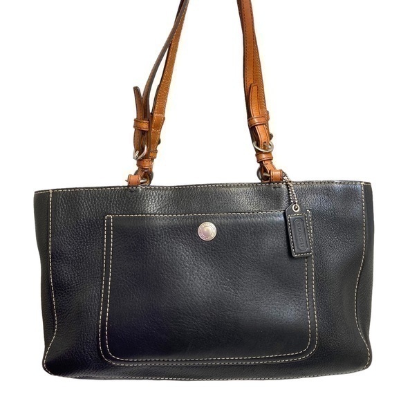 COACH Chelsea Pebbled Leather Zip Satchel Tote Purse black and brown F10892 - Picture 1 of 11